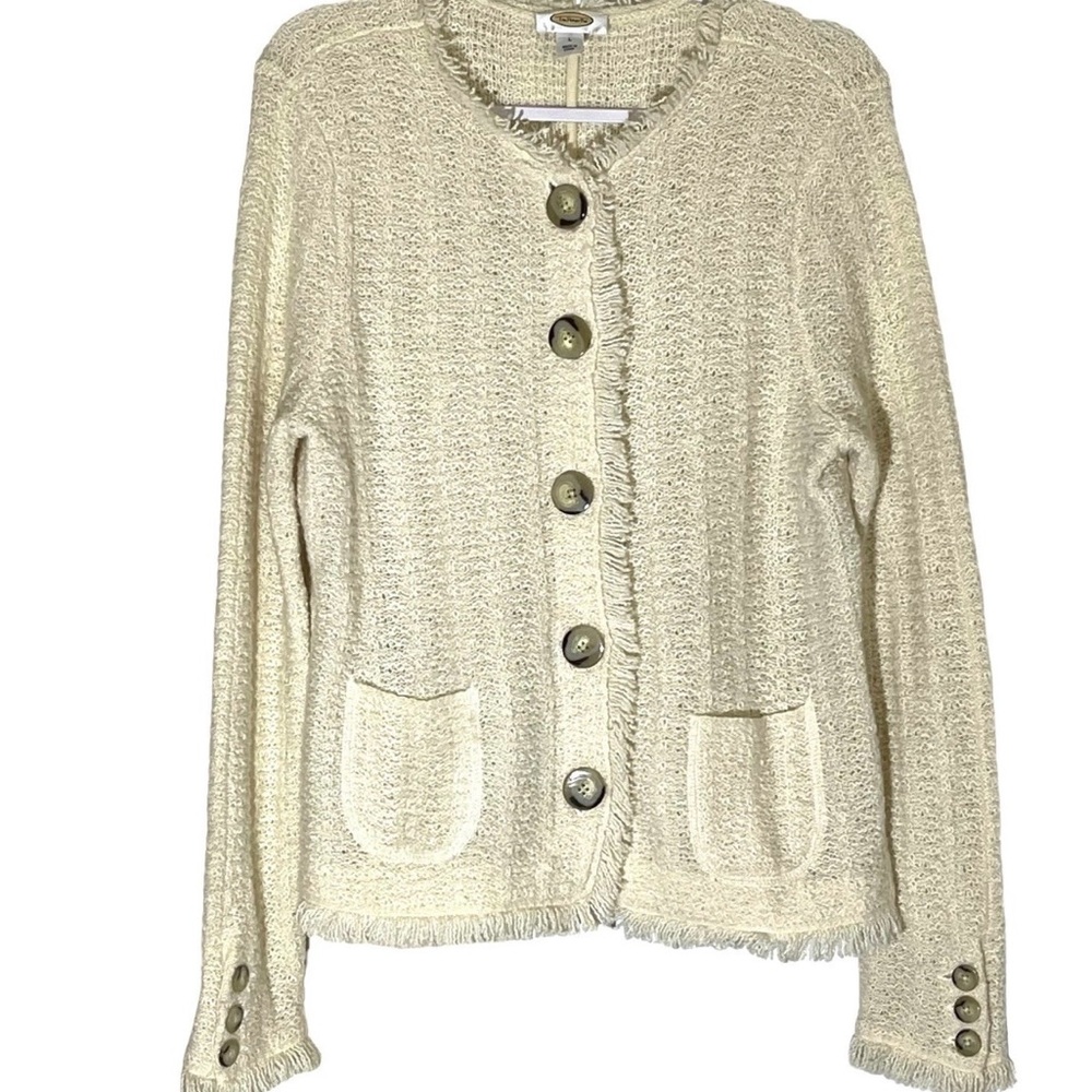 Talbots Cream Wool Alpaca Blend Cardigan Sweater  Pockets Fringe size L